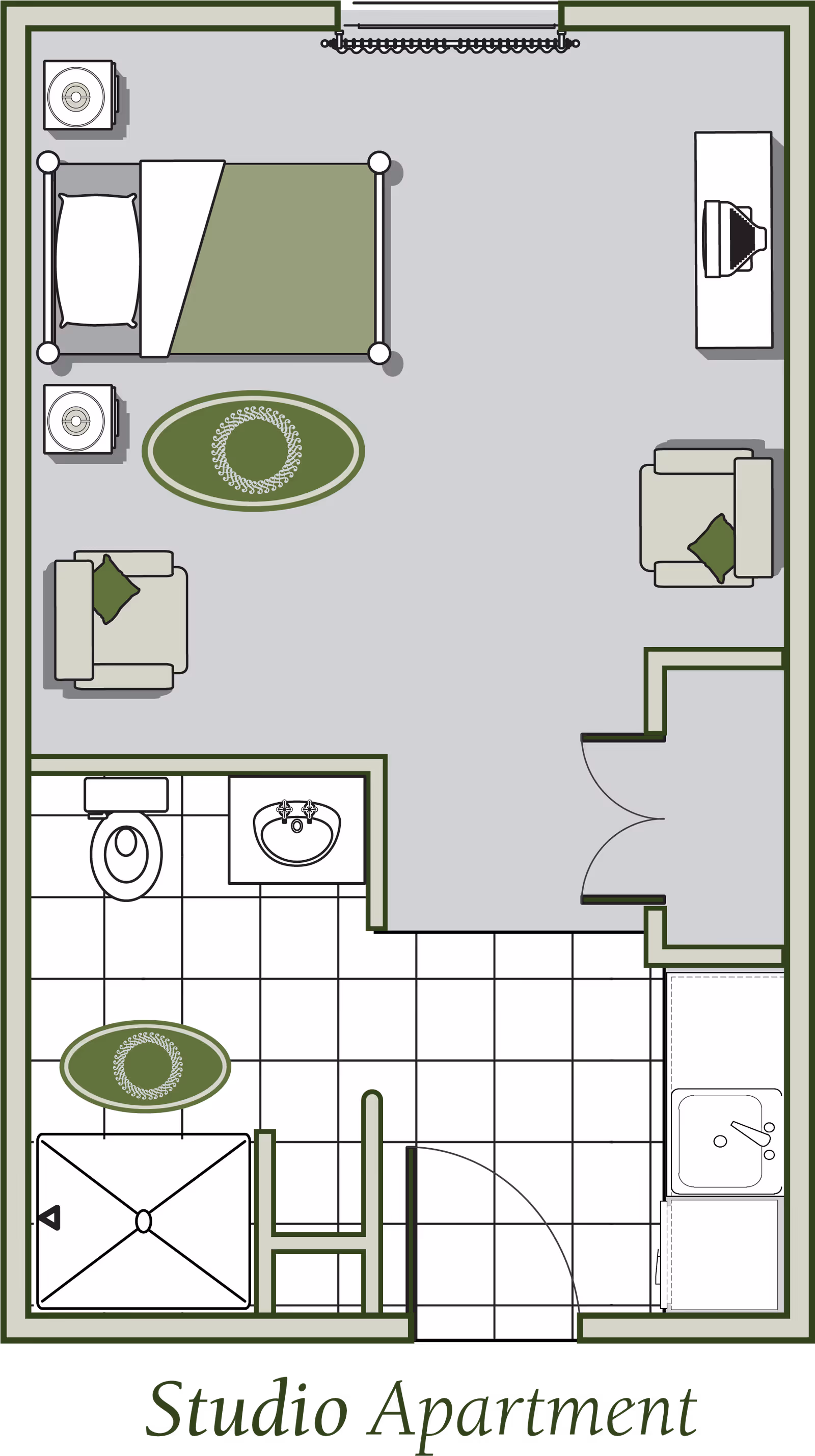 Floor plan of a studio apartment showing a combined living and sleeping area with a bed, two armchairs, a TV on a stand, two small rugs, and a kitchenette. The bathroom includes a toilet, sink, and shower. The entrance door opens into the kitchenette area.