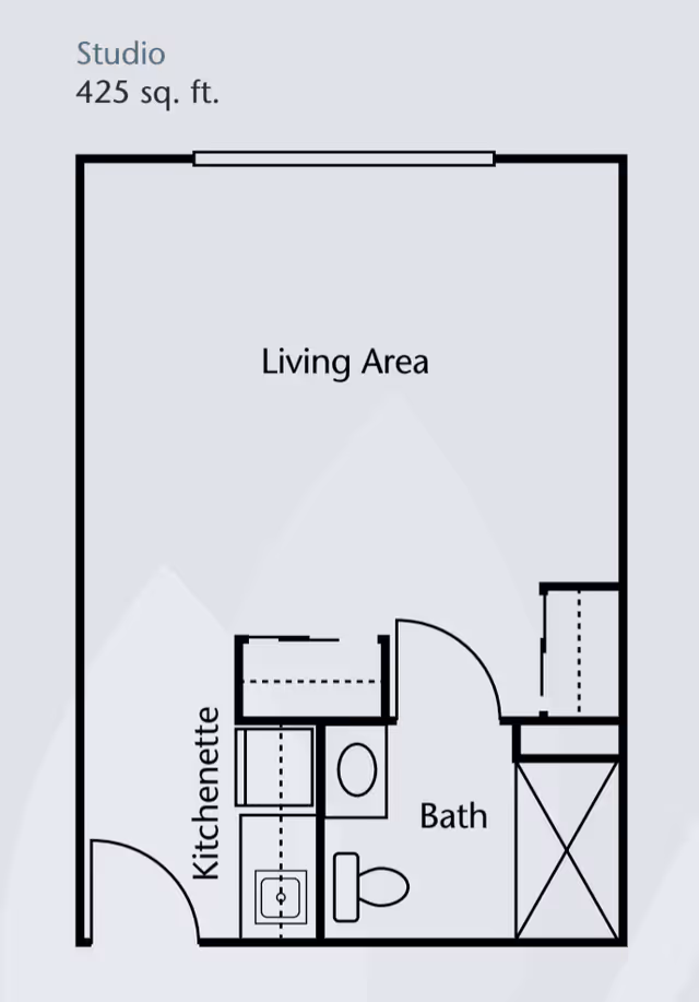 Floor plan of a 425 sq. ft. studio showing a large living area, kitchenette, bathroom, and closet layout.