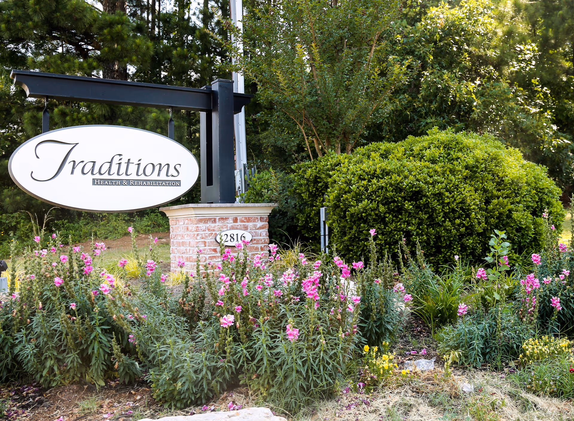 Entrance sign for Traditions Health & Rehabilitation mounted by a brick pillar surrounded by pink flowers and green shrubs.