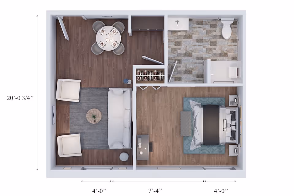 Top-down view of a senior living apartment floor plan showing a living room with a sofa, two chairs, and a round coffee table; a dining area with a round table and four chairs; a bedroom with a bed, two nightstands, and a bench; and a bathroom with a toilet, sink, and shower.