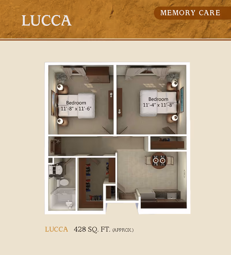 Floor plan of the Lucca memory care unit at Mirabella Assisted Living & Memory Care, showing two bedrooms, a bathroom, a walk-in closet, and a combined kitchen and dining area, totaling approximately 428 square feet.