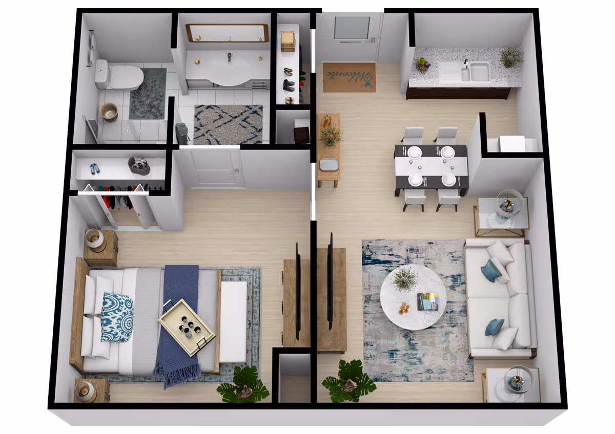 3D floor plan of a one-bedroom apartment featuring a bedroom with a bed, nightstands, and a closet; a bathroom with a toilet, sink, and shower; a kitchen area with a sink and countertop; a dining area with a table set for four; and a living room with a sofa, coffee table, two side tables, and a TV mounted on the wall.