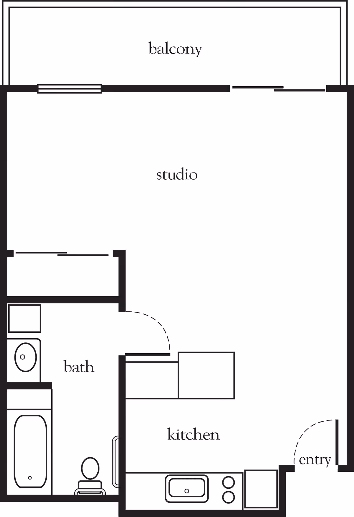Floor plan of a studio apartment at Atria Golden Creek showing a balcony, studio area, kitchen, bath, and entry.