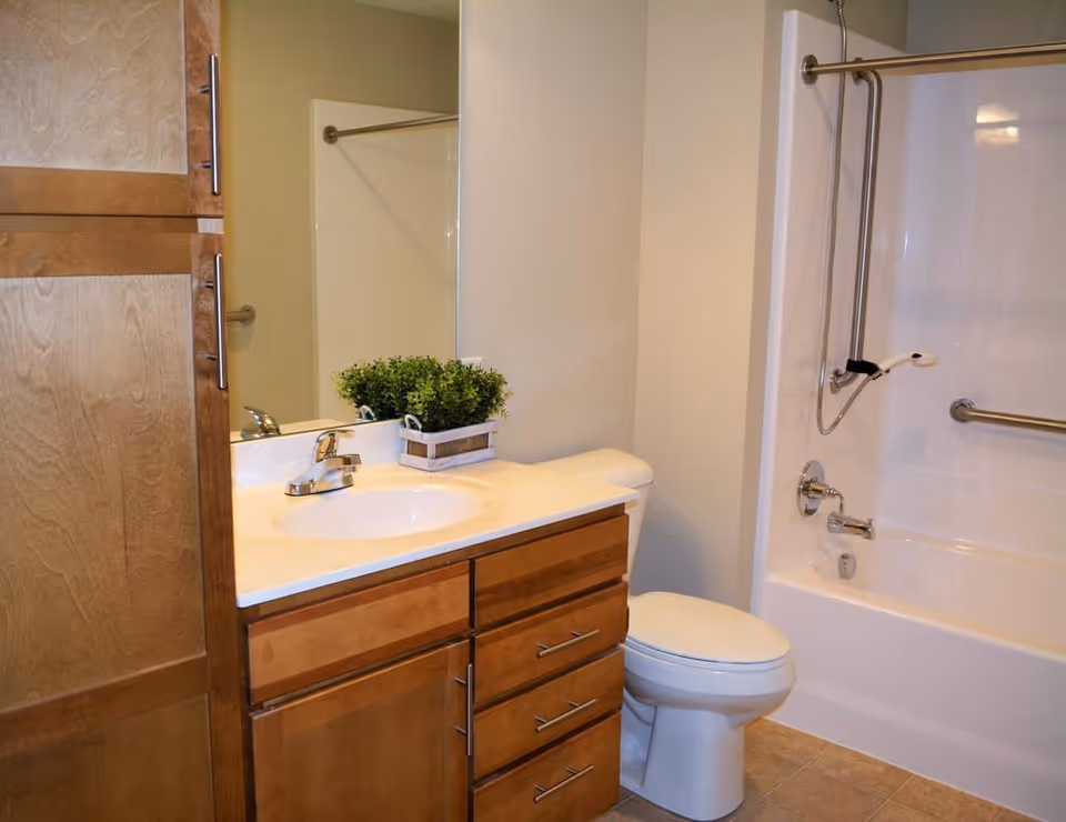 A clean bathroom featuring a wooden vanity with sink and potted plant, a toilet, and a bathtub with grab bars and a handheld showerhead.