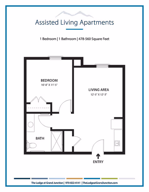 Floor plan for a one-bedroom, one-bath assisted living apartment showing labeled bedroom, living area, bath, entry and kitchenette with dimensions.