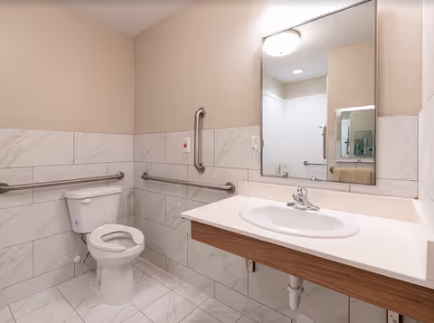 Accessible bathroom with a white toilet, grab bars on the walls, a large mirror above a white sink with a wooden vanity, and beige walls with white tiled lower half.