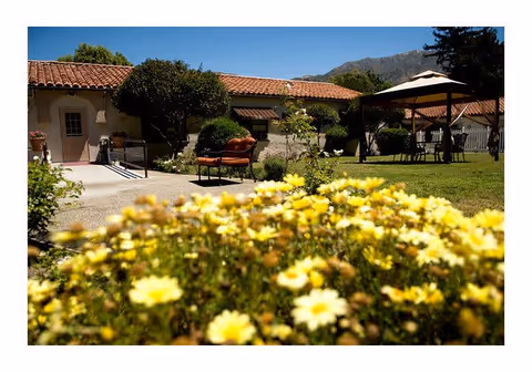 Outdoor garden area with yellow flowers in the foreground, a paved walkway, benches, a gazebo with seating, and a building with a tiled roof and mountains in the background under a clear blue sky.
