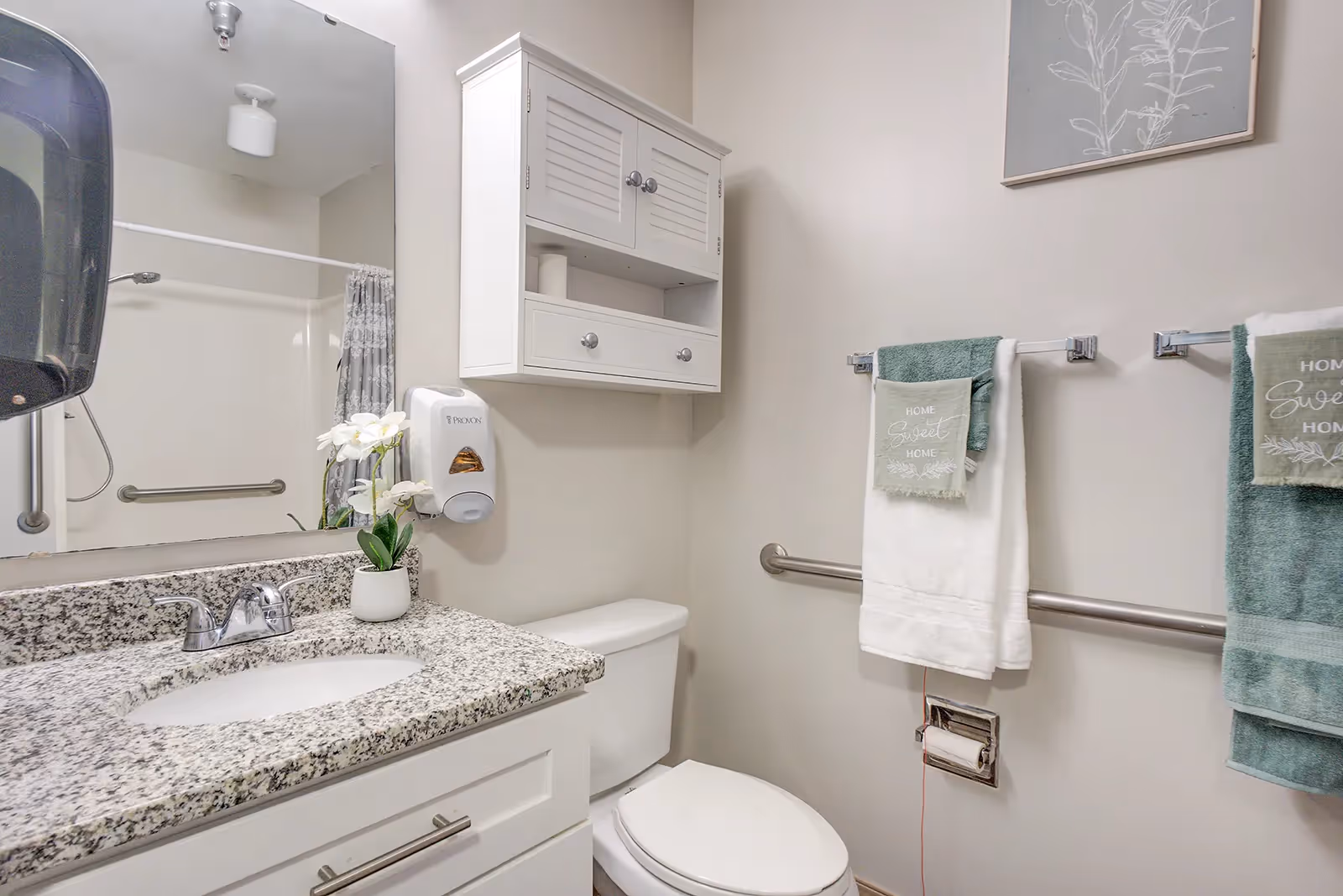 A clean and well-lit bathroom featuring a granite countertop with a built-in sink, a white toilet, a wall-mounted cabinet above the toilet, and a large mirror above the sink. There are two towel racks on the wall with green and white towels, and a small potted plant on the countertop. A shower with a curtain is visible in the reflection of the mirror.