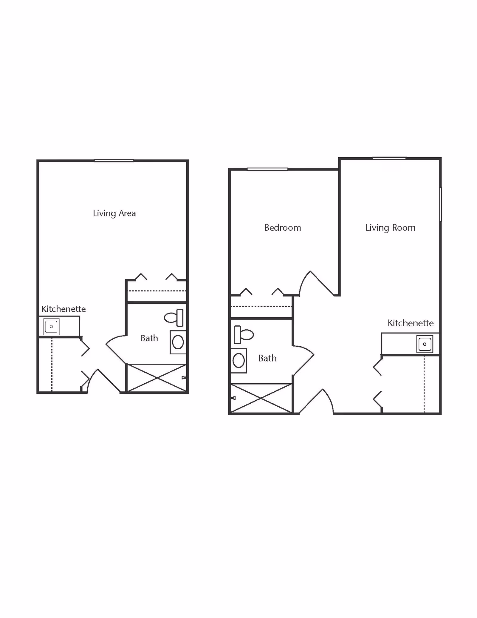 Architectural floor plan showing two layouts. The left layout includes a living area, kitchenette, and bath. The right layout includes a bedroom, living room, kitchenette, and bath.