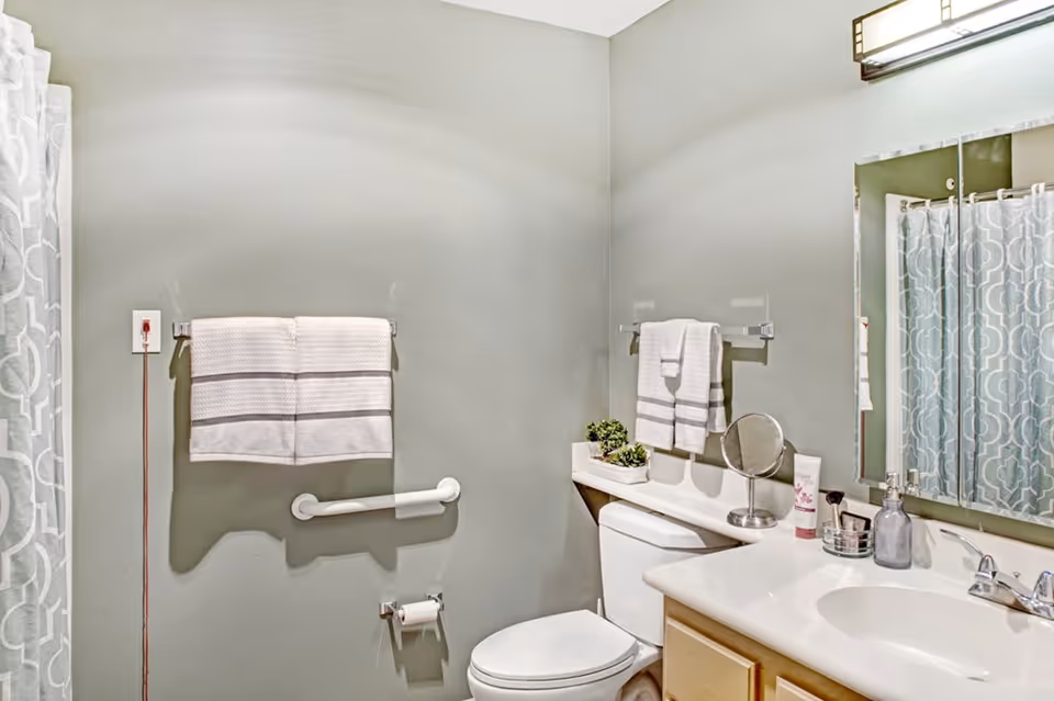 A clean and well-lit bathroom with light gray walls, a white toilet, a white sink with a countertop, a mirror above the sink, and a shower with a patterned curtain. There are white towels hanging on towel racks, a small potted plant on the toilet tank, and various toiletries on the countertop.