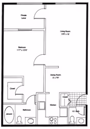 Black and white architectural floor plan of a one-bedroom apartment at Homestead Village Of Fairhope, showing a private lanai, bedroom, living room, dining room, kitchen, bathroom with jacuzzi, and a half bath with closets.