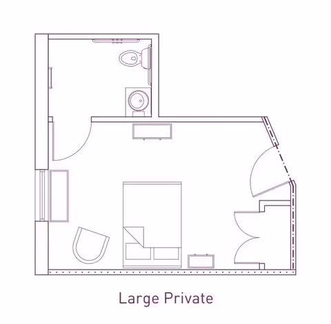 Architectural floor plan labeled Large Private showing a layout with a bedroom area containing a bed, chair, and dresser, and a bathroom with a toilet and sink.