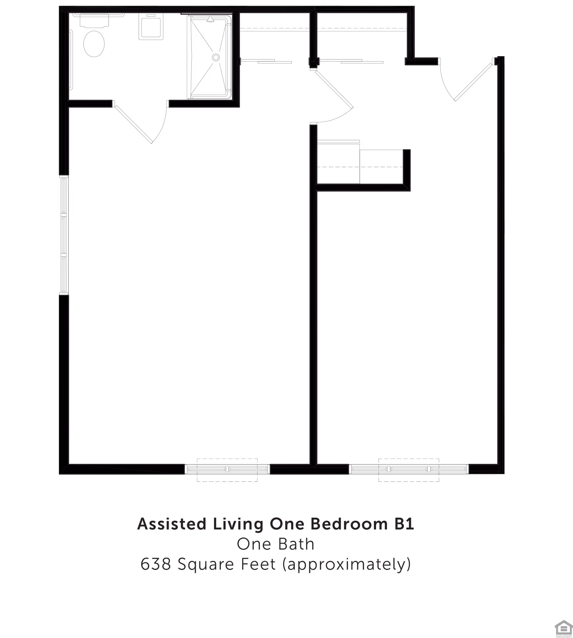 Floor plan layout of an assisted living one bedroom apartment with one bathroom, approximately 638 square feet. The plan shows a bedroom, bathroom with shower and toilet, and living area with entry door.