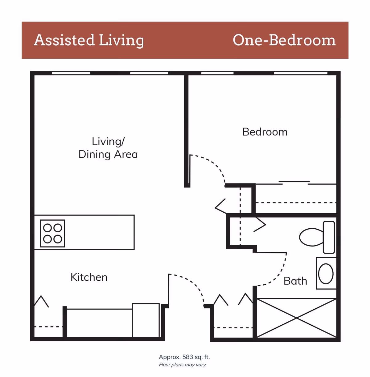 Floor plan of a one-bedroom assisted living unit showing a kitchen, living/dining area, bedroom, and bathroom. The layout includes approximate size of 583 square feet.