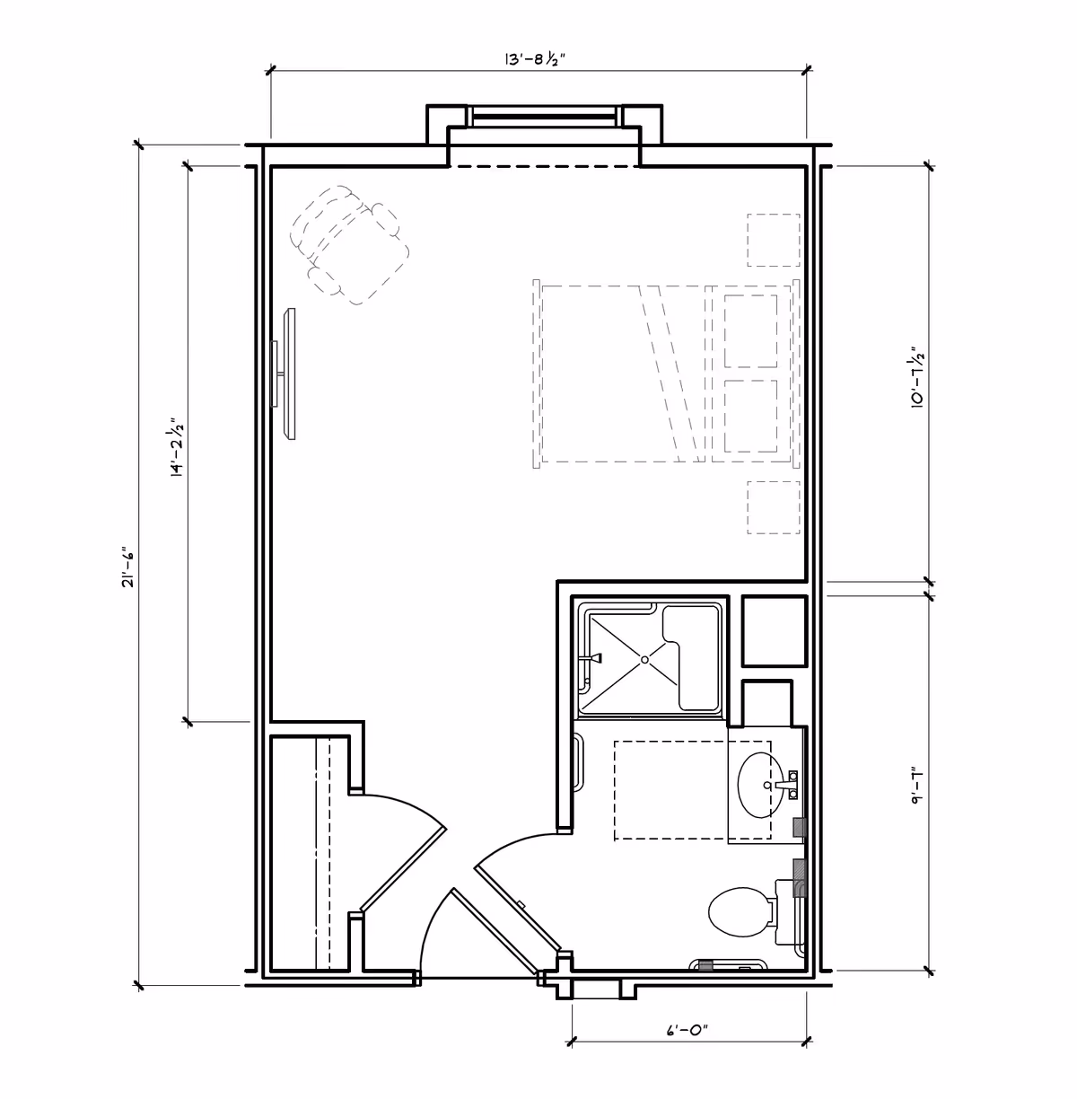 Architectural floor plan of a room layout showing a bedroom area with a bed, chair, and TV, along with an attached bathroom including a shower, sink, and toilet.