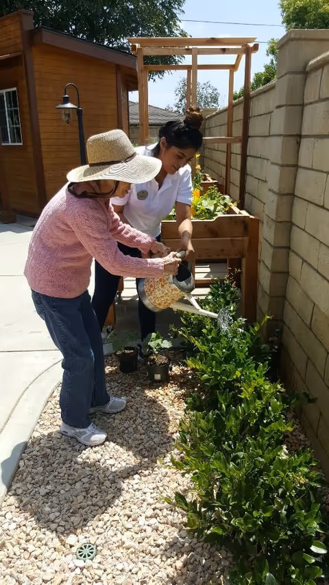 An elderly woman wearing a large sun hat and pink sweater is watering plants with a watering can, assisted by a younger woman in a white shirt, in an outdoor garden area with a wooden planter box and a stone pathway.
