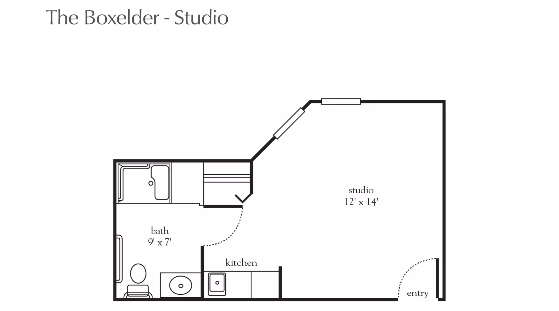 Floor plan of The Boxelder studio apartment showing a 12 by 14 feet studio area, a kitchen, and a 9 by 7 feet bathroom with a shower, toilet, and sink. The entry door is located at the bottom right corner.