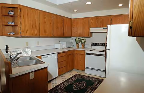 Compact kitchen with wooden cabinets, white appliances, sink, and a green rug.