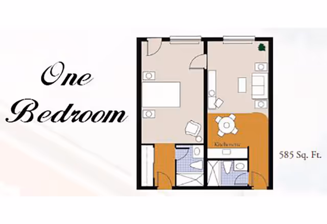 Floor plan of a one-bedroom apartment at Tuscany Villa of Naples, showing a bedroom, living room, kitchen/dining area, and two bathrooms, covering 585 square feet.