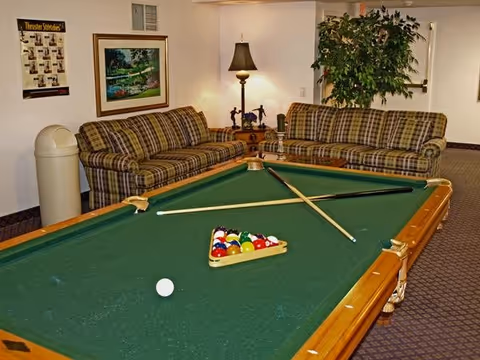 A pool table with cues and racked balls in a lounge area with plaid sofas, a lamp, and a potted plant.