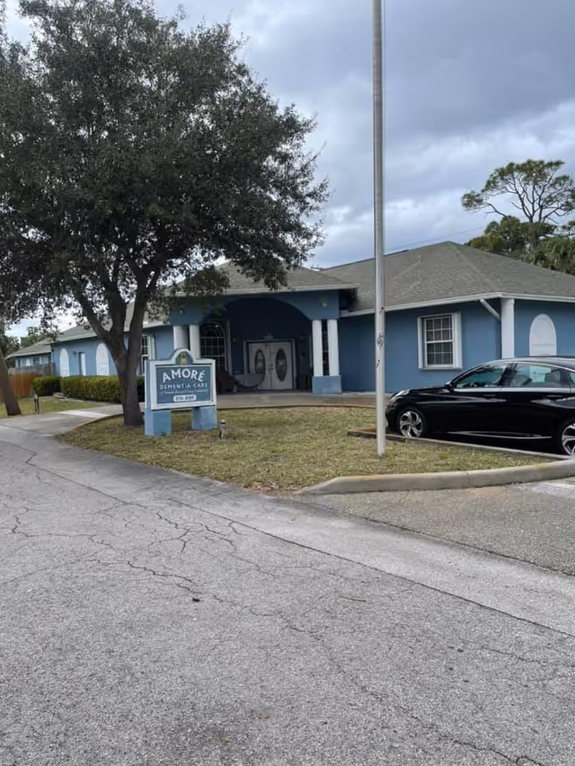 Exterior view of a single-story blue building with a gray roof, identified as Amore Dementia Care by a sign in front. There is a large tree near the entrance, a black car parked to the right, and a cloudy sky overhead.