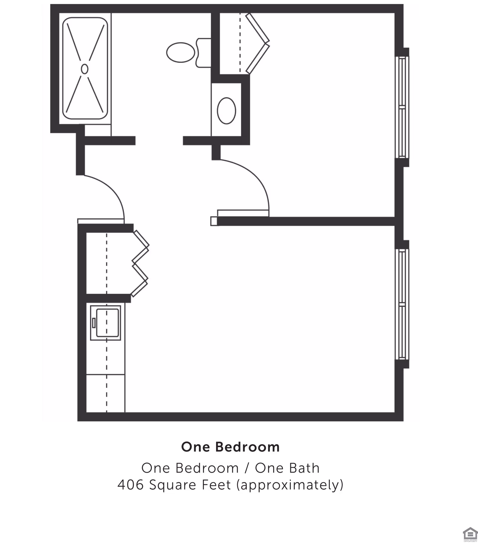 Black-and-white floor plan diagram of a one-bedroom, one-bath apartment showing rooms, fixtures, doors, and windows.