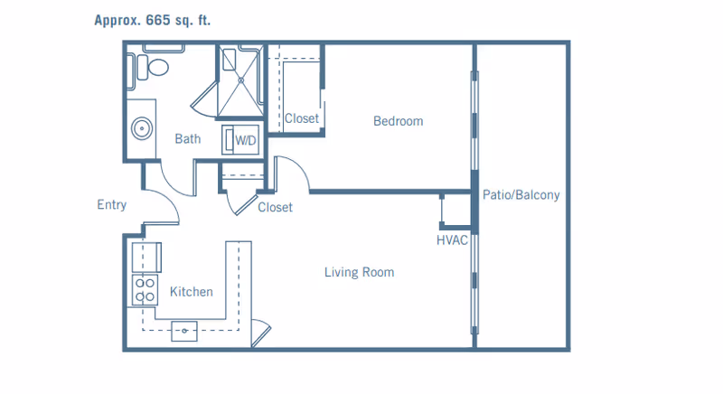 Floor plan of a 665 square foot apartment at Merrill Gardens at Madison, showing an entry leading to a kitchen, a living room with access to a patio/balcony, a bedroom with two closets, a bathroom, and a washer/dryer area.