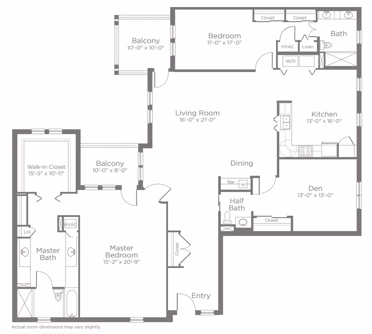 Architectural floor plan of a residential unit at La Posada showing two bedrooms, two and a half bathrooms, a kitchen, dining area, living room, den, two balconies, walk-in closet, and entry area with labeled room dimensions.