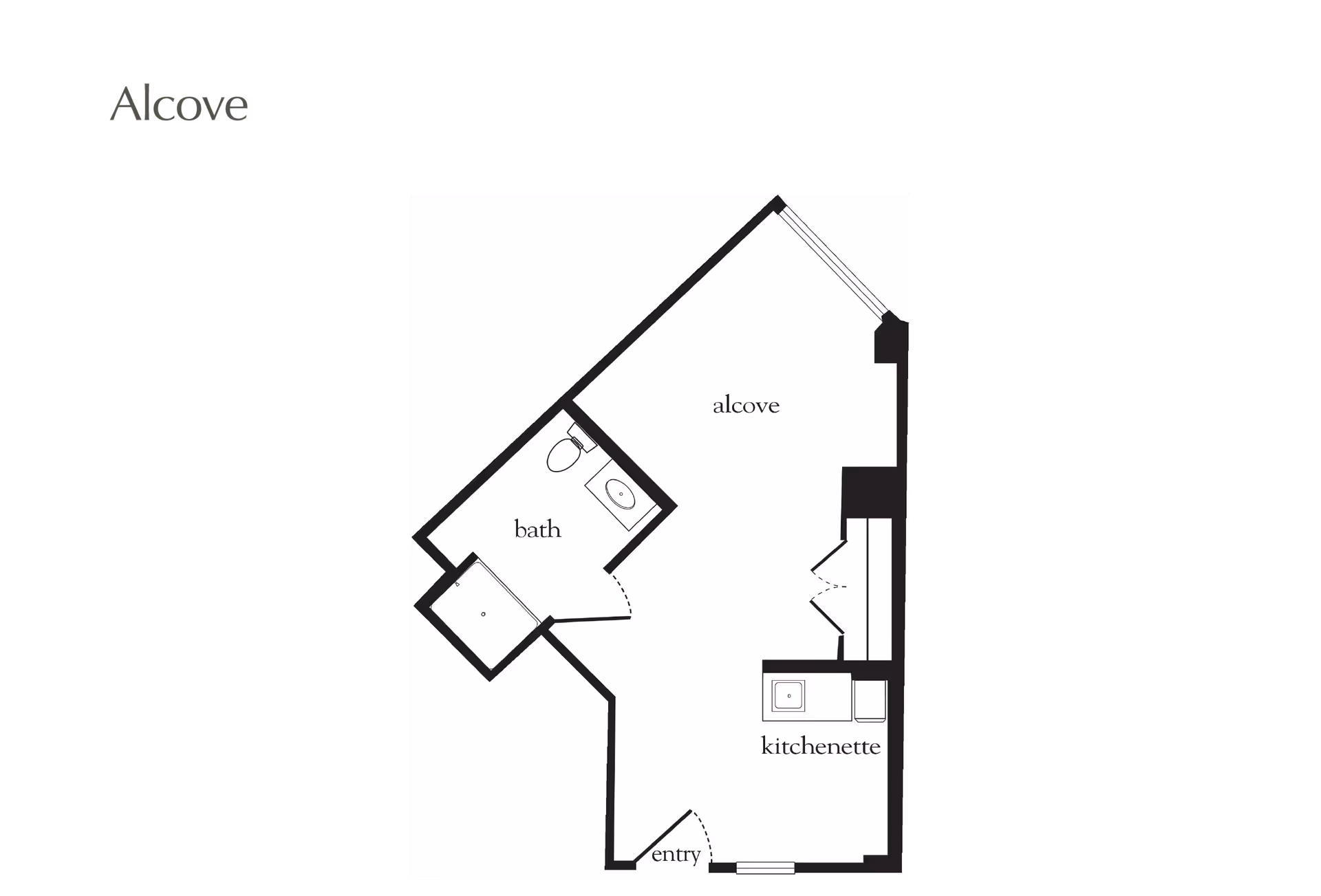 Floor plan layout of an alcove apartment featuring an entry, kitchenette, alcove living/sleeping area, and a bathroom with a shower, toilet, and sink.