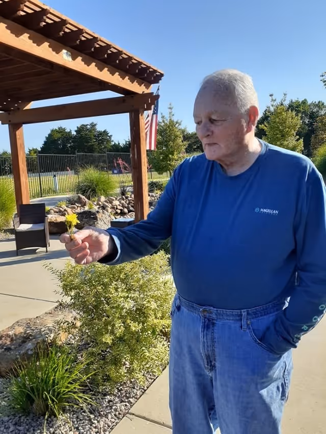 An elderly man wearing a blue long-sleeve shirt and jeans stands outdoors on a paved walkway near a garden area with greenery and rocks. He is holding a small yellow flower in his right hand and looking at it. Behind him is a wooden pergola, an American flag, and some outdoor furniture under clear blue skies.