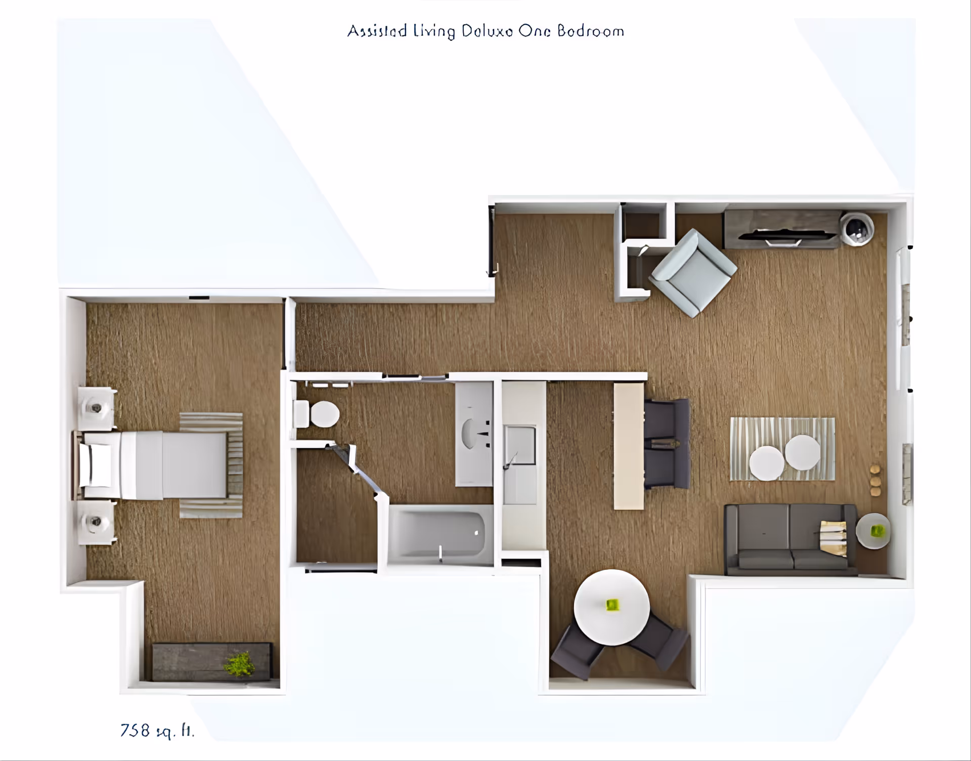 Top-down floor plan of a one-bedroom assisted living apartment showing a bedroom, bathroom, kitchen, dining and living areas with furniture.