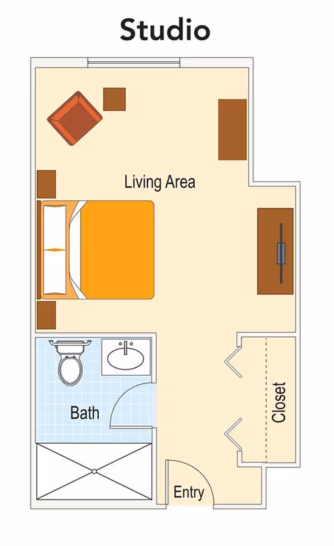 Floor plan of a studio apartment showing a living area with a bed, chair, and TV, a bathroom with a toilet, sink, and shower, an entryway, and a closet.