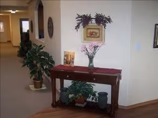 Hallway corner with a wooden console table topped with a vase of flowers, framed artwork, and potted plants.