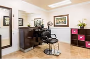 Interior salon area with a hairstyling chair, mirrors, cabinets, framed art, and a plant.
