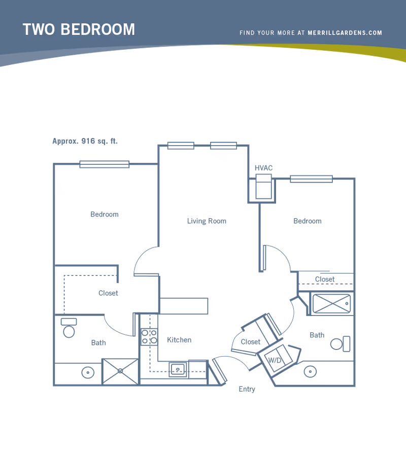 Floor plan of a two-bedroom apartment with approximately 916 square feet. The layout includes two bedrooms, two bathrooms, a living room, a kitchen, closets, an HVAC area, a washer/dryer space, and an entryway. The plan is labeled with room names and features a blue and white color scheme with a header indicating Merrill Gardens at Tacoma.