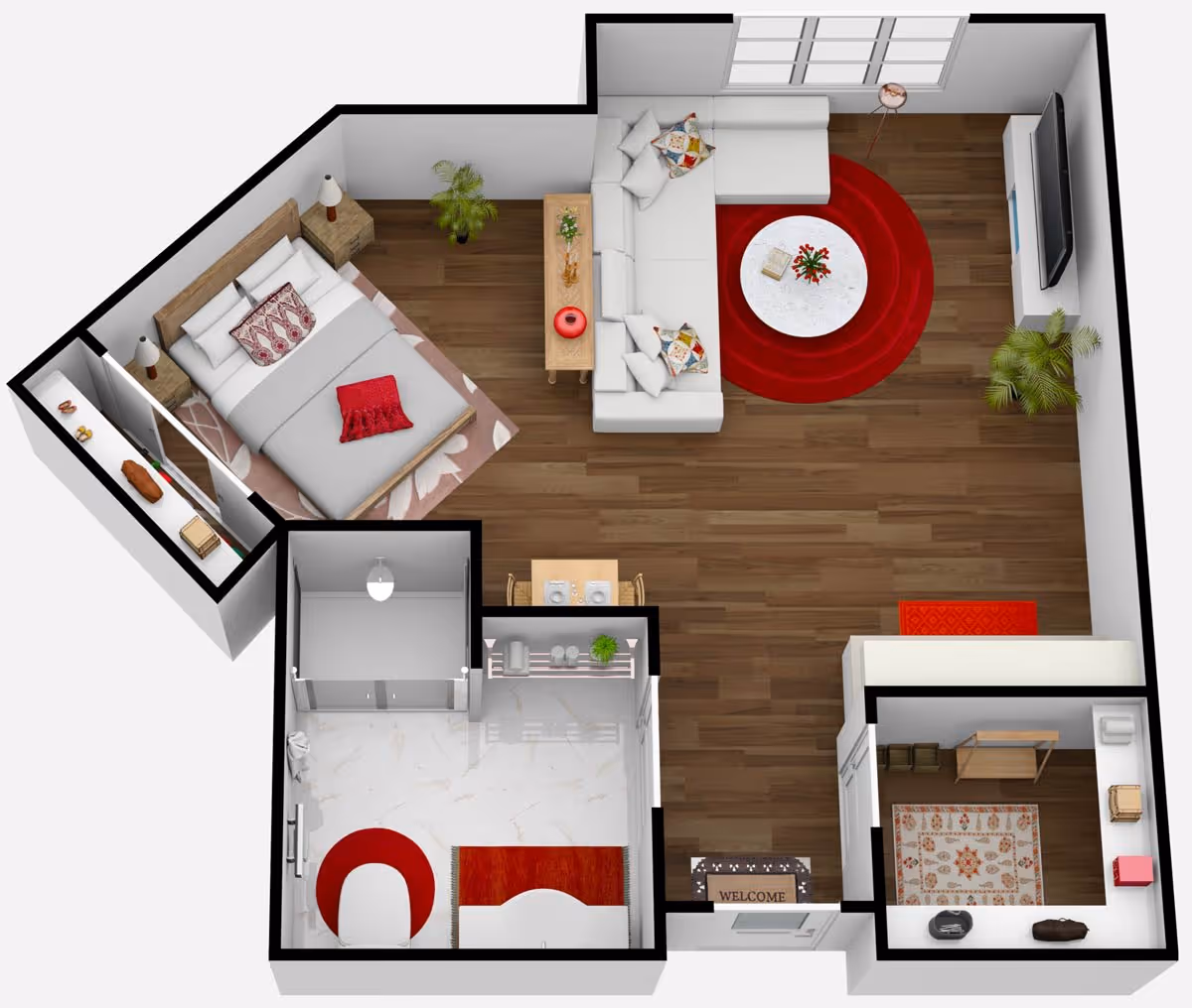 3D floor plan of a senior living apartment unit showing a bedroom with a bed, nightstands, and a closet; a living room with a sectional sofa, round coffee table, TV, and plants; a bathroom with a shower and sink; and an entryway with a welcome mat and a small room with shelves and a rug.