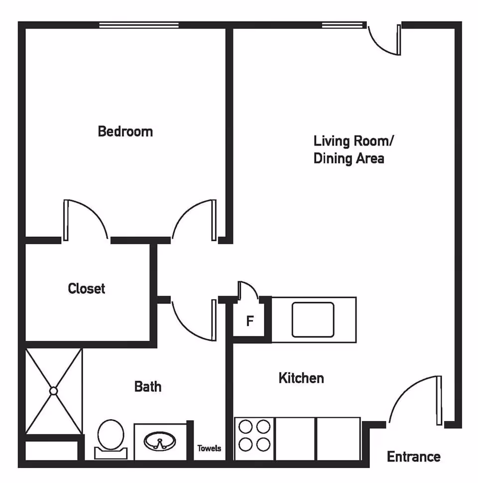 Floor plan of a one-bedroom apartment at Brookstone Estates of Mattoon North showing a bedroom, closet, bathroom with shower, toilet, and sink, kitchen with stove and refrigerator, and a combined living room and dining area with an entrance door.