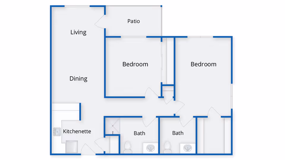 Floor plan of a senior living unit at The Village at East Farms showing two bedrooms, two bathrooms, a kitchenette, a combined living and dining area, and a patio.