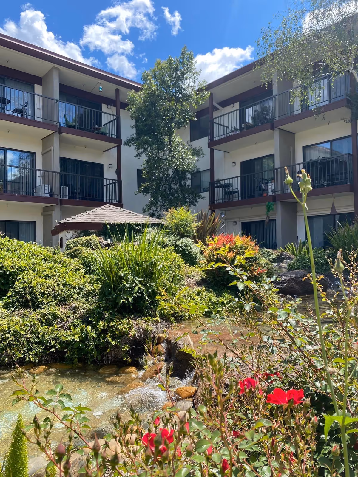 Outdoor garden area at Roseville Commons Senior Living featuring lush greenery, colorful flowers, a small flowing water feature, and a three-story building with balconies in the background under a partly cloudy blue sky.