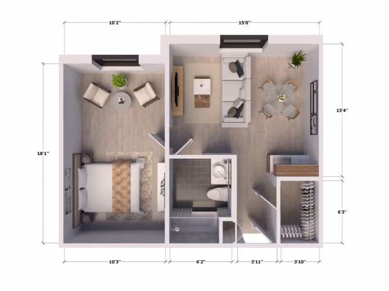 Top-down floor plan of a senior living apartment unit showing a bedroom with a bed and two chairs, a living room with a sofa, coffee table, TV, and dining table with four chairs, a bathroom with a toilet and sink, and a closet area.
