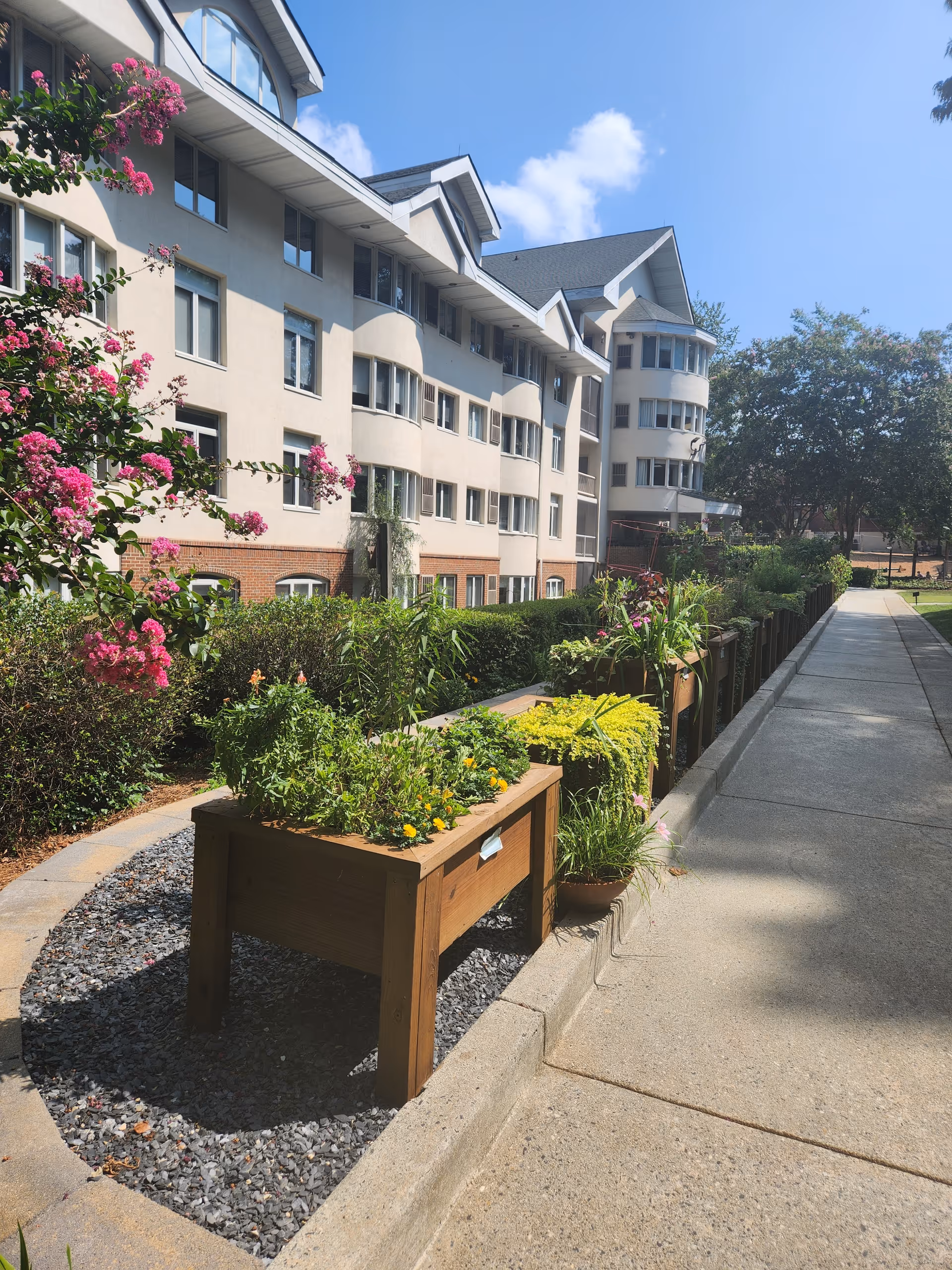 Exterior view of a multi-story building with raised wooden planters, landscaping and a sidewalk on a sunny day.