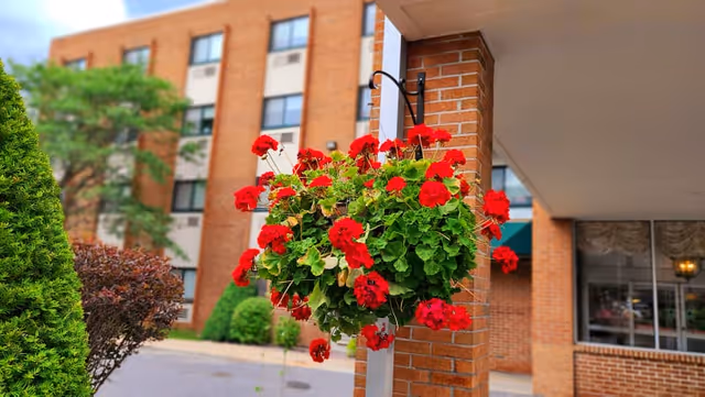 Hanging basket of red flowers at the covered entrance of a brick senior living building.
