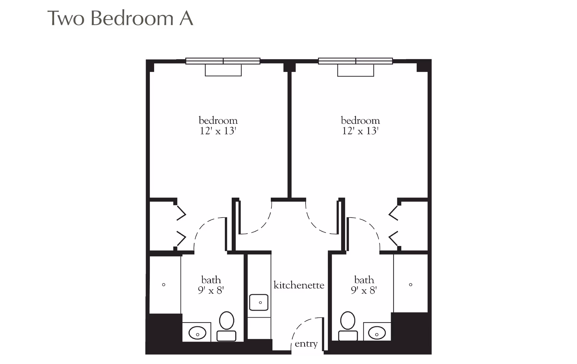 Black-and-white floor plan labeled 'Two Bedroom A' showing two bedrooms, two bathrooms, a kitchenette and an entry.