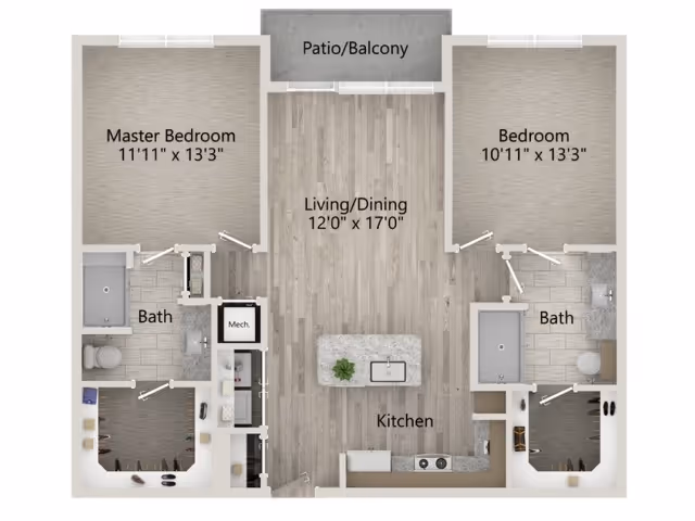 Floor plan of a two-bedroom apartment with a master bedroom, a second bedroom, two bathrooms, a combined living and dining area, a kitchen, and a patio/balcony. The master bedroom measures 11'11" x 13'3" and the second bedroom measures 10'11" x 13'3". The living/dining area is 12'0" x 17'0". The kitchen is adjacent to the living/dining area. Both bedrooms have attached bathrooms and closets.