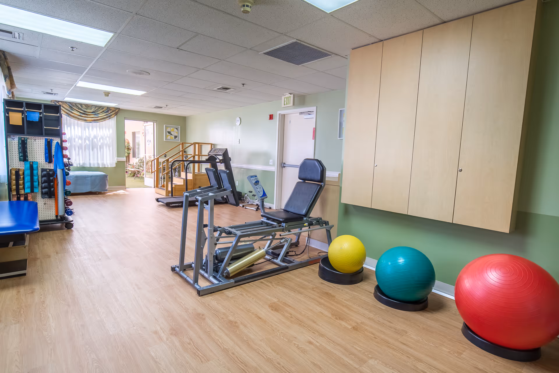 Interior therapy/exercise room with cardio and resistance equipment, stability balls, and parallel bars.