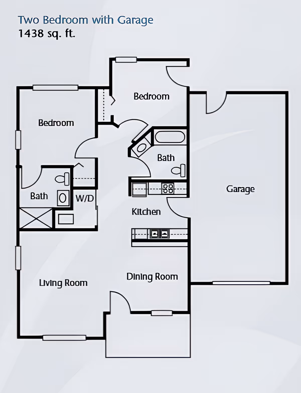 Black-and-white floor plan titled 'Two Bedroom with Garage 1438 sq. ft.' showing two bedrooms, two bathrooms, a living room, dining room, kitchen, laundry area and attached garage.