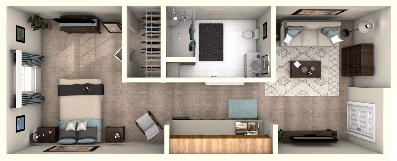 Top-down view of a senior living apartment floor plan showing a bedroom with a bed, nightstands, and a chair; a bathroom with a shower, toilet, and sink; and a living room with a sofa, coffee table, floor lamp, and TV stand.