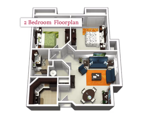 3D floor plan of a two-bedroom apartment featuring a living room with blue sofas and an orange rug, a dining area with a round table and four chairs, a kitchen with dark cabinetry, two bedrooms with beds and nightstands, and a bathroom with a sink and toilet.