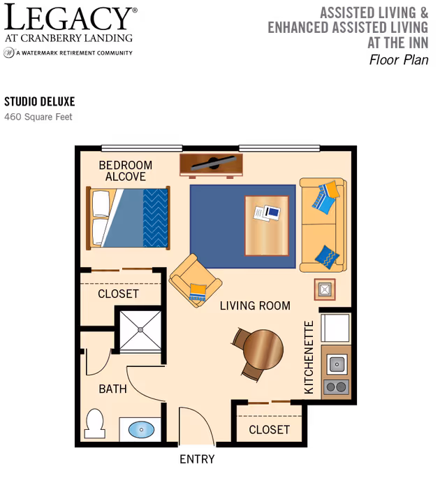 Floor plan of a 460 square feet assisted living and enhanced assisted living apartment at Legacy at Cranberry Landing. The layout includes a bedroom alcove with a bed, a living room with a sofa, armchair, coffee table, and TV, a kitchenette with a sink and stove, a bathroom with a toilet and sink, and two closets.