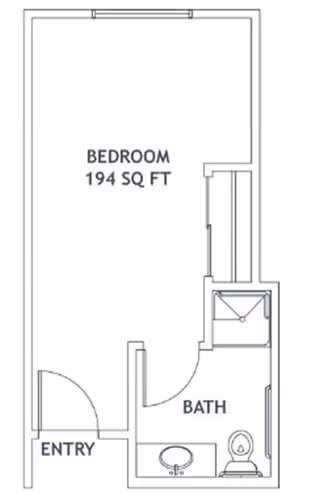 Architectural floor plan of a senior living unit showing a bedroom area of 194 square feet, an entryway, and a bathroom with a sink, toilet, and shower.